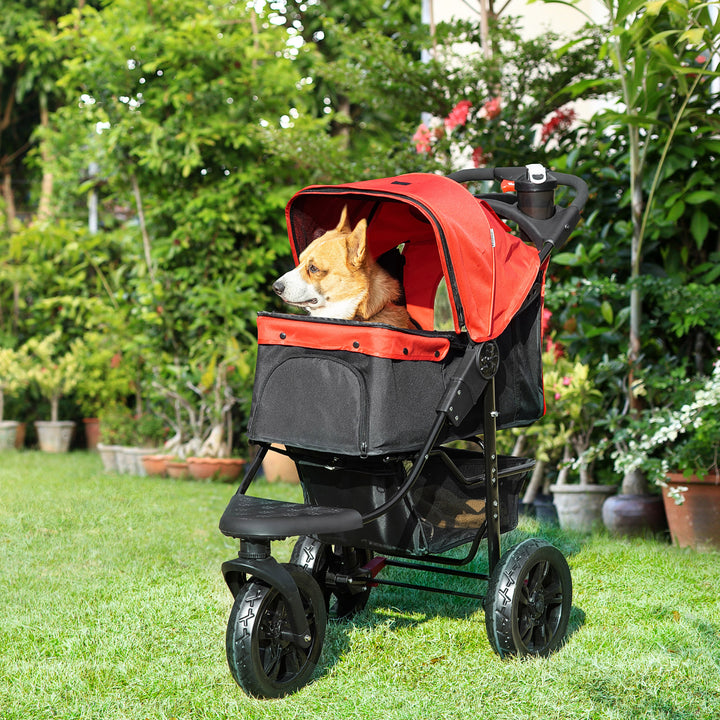 Oxford Cloth Folding 3-Wheel Pet Stroller Dog Trolley Red/Black