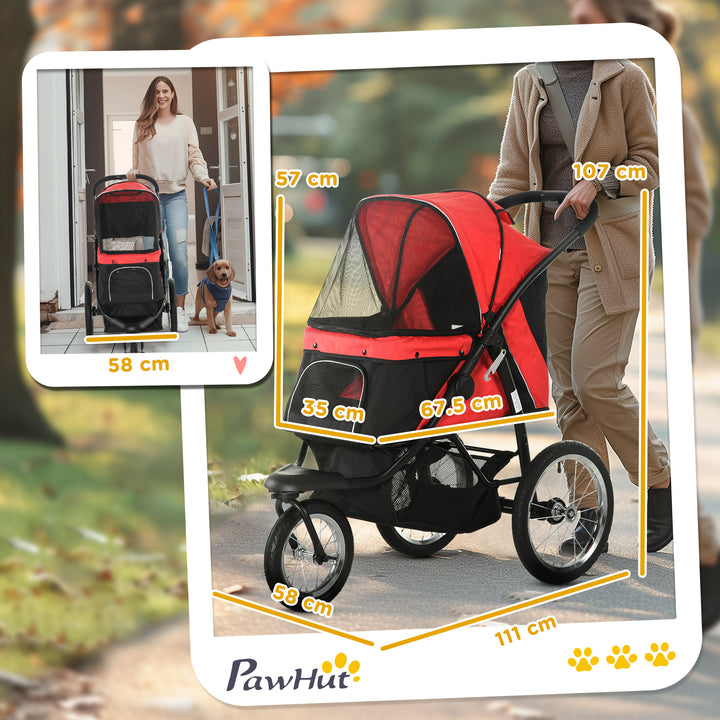 Pet Stroller Jogger for Medium, Small Dogs, Foldable Cat Pram Dog Pushchair w/ Adjustable Canopy, 3 Big Wheels - Red