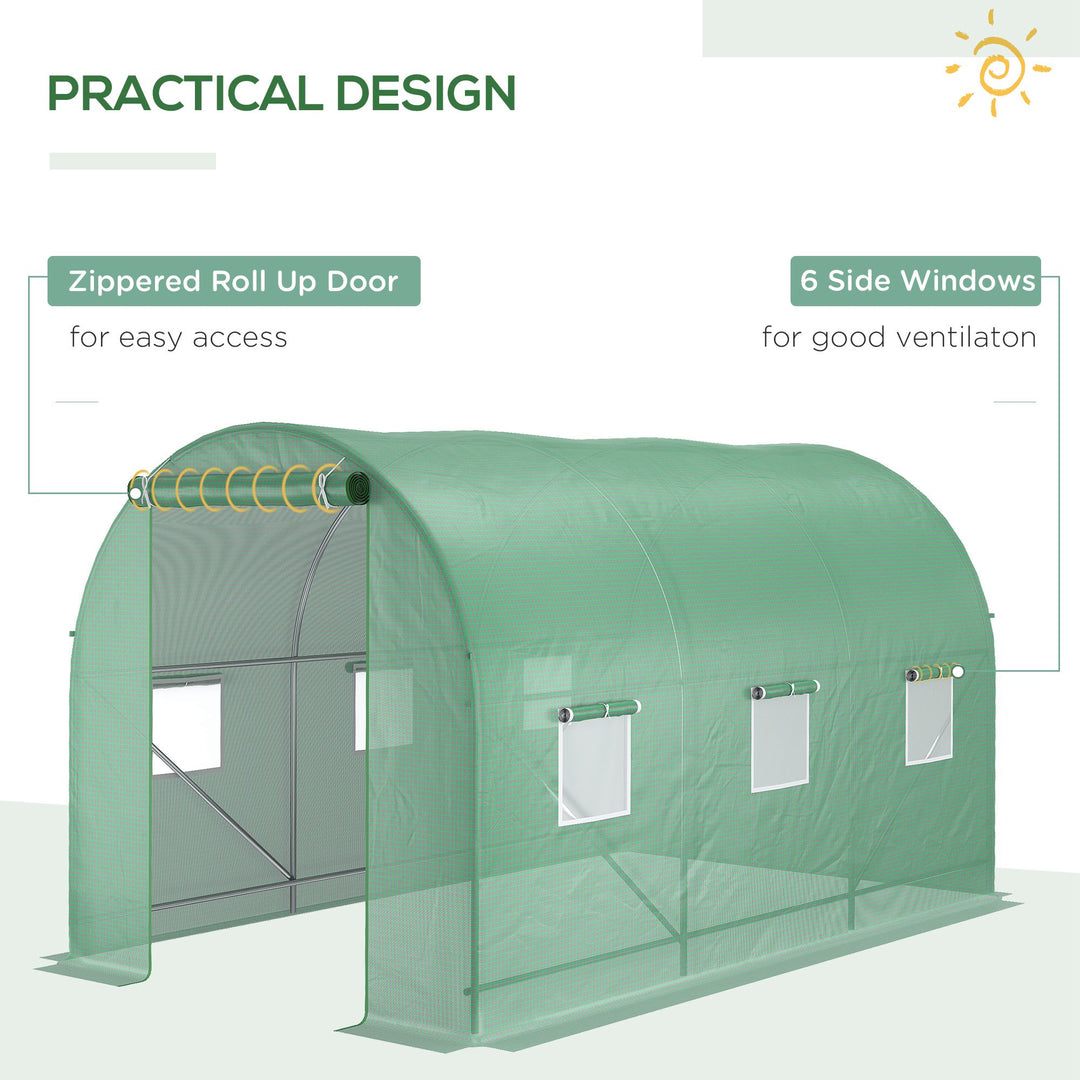 3.5 x 2 x 2 m Polytunnel Greenhouse, Walk in Pollytunnel Tent with Steel Frame, PE Cover, Roll Up Door and 6 Windows, Green