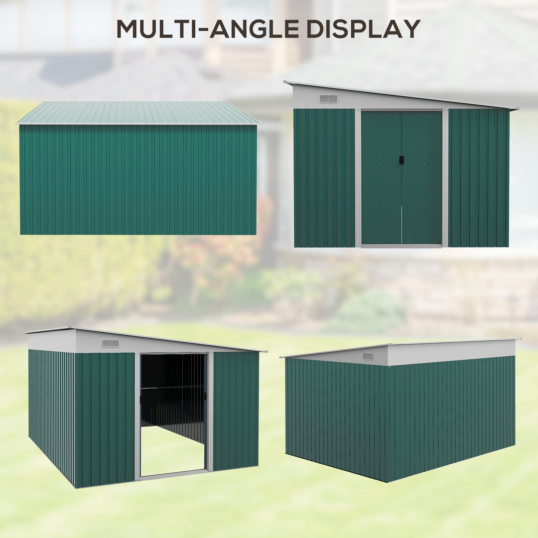 Garden Metal Storage Shed Tool House with Double Sliding Doors, 11.3x9.2ft, Green