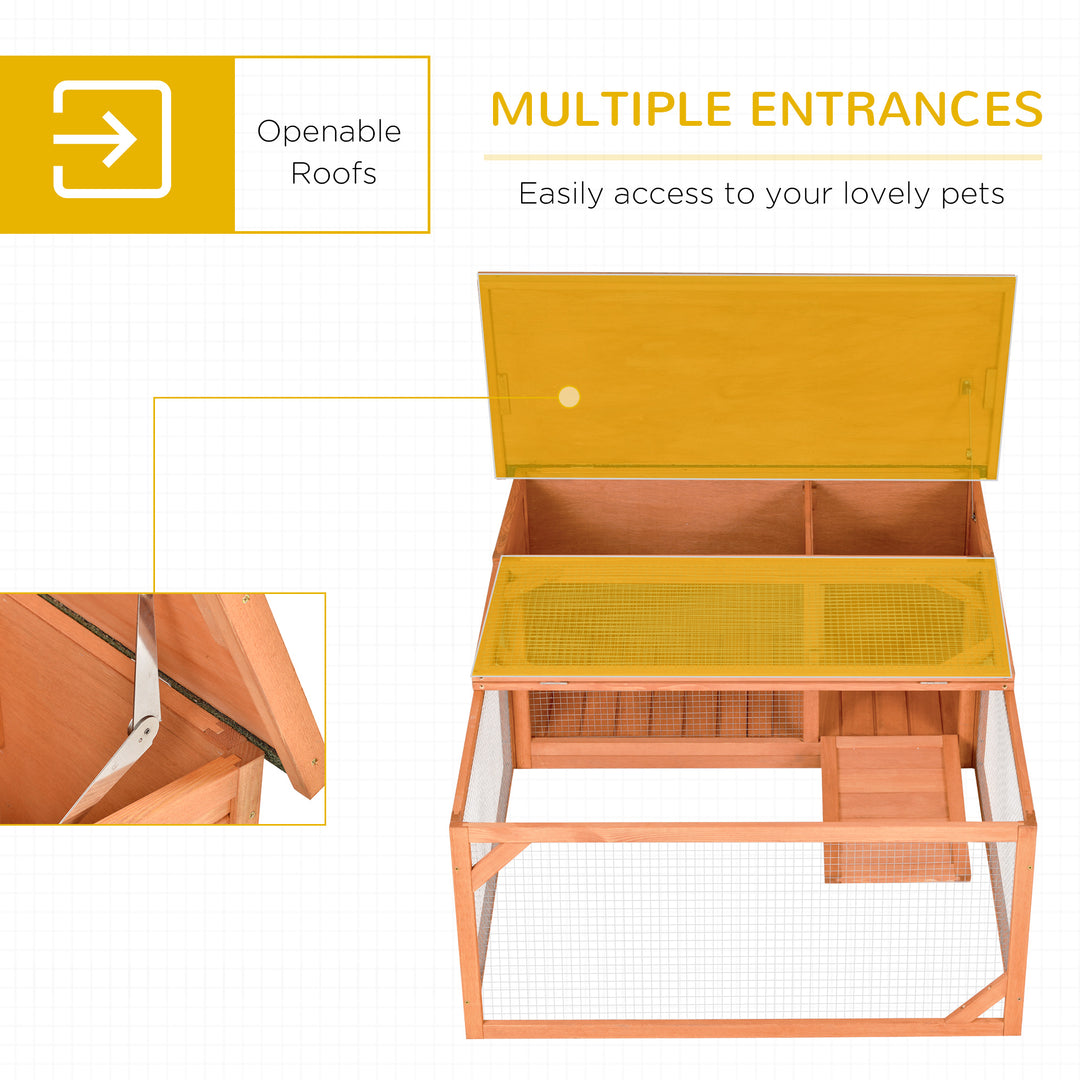 PawHut Rabbit Hutch Small Animal Guinea Pig House Off-ground Ferret Bunny Cage Backyard with Openable Main House & Run Roof 125.5 x 100 x 49cm Orange