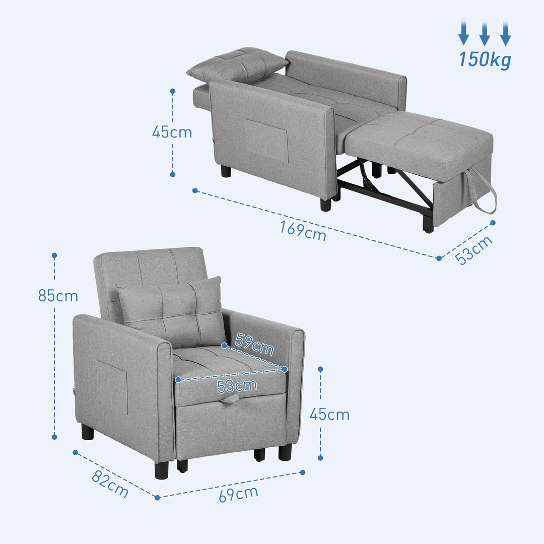 3-In-1 Convertible Chair Bed, Pull Out Sleeper Chair, Fold Out Bed with Adjustable Backrest, Side Pockets, Light Grey