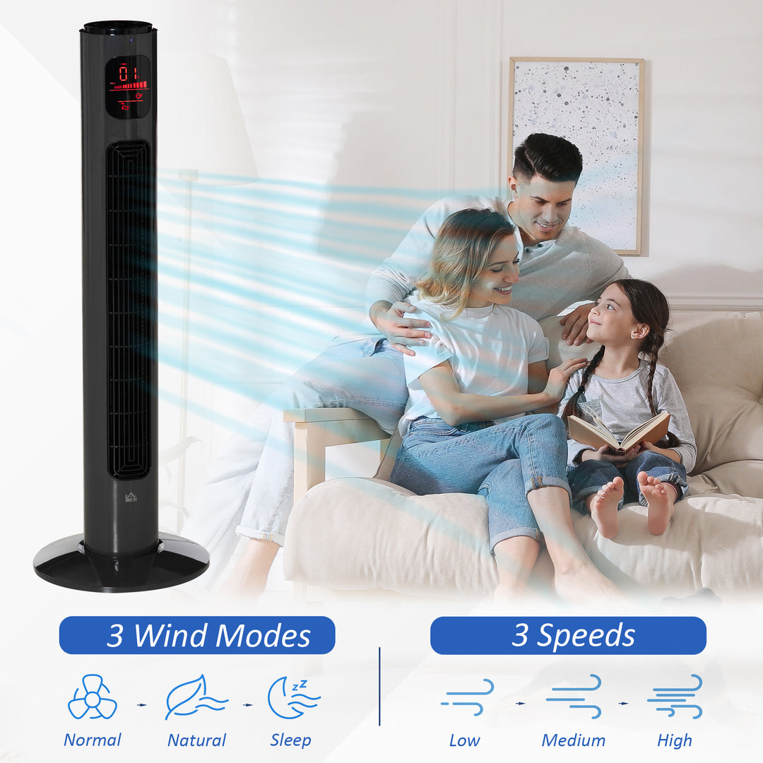 HOMCOM 38'' Freestanding Tower Fan, 3 Speed 3 Mode, 12h Timer, 70 Degree Oscillation, LED Panel, 5M Remote Controller, Dark Grey