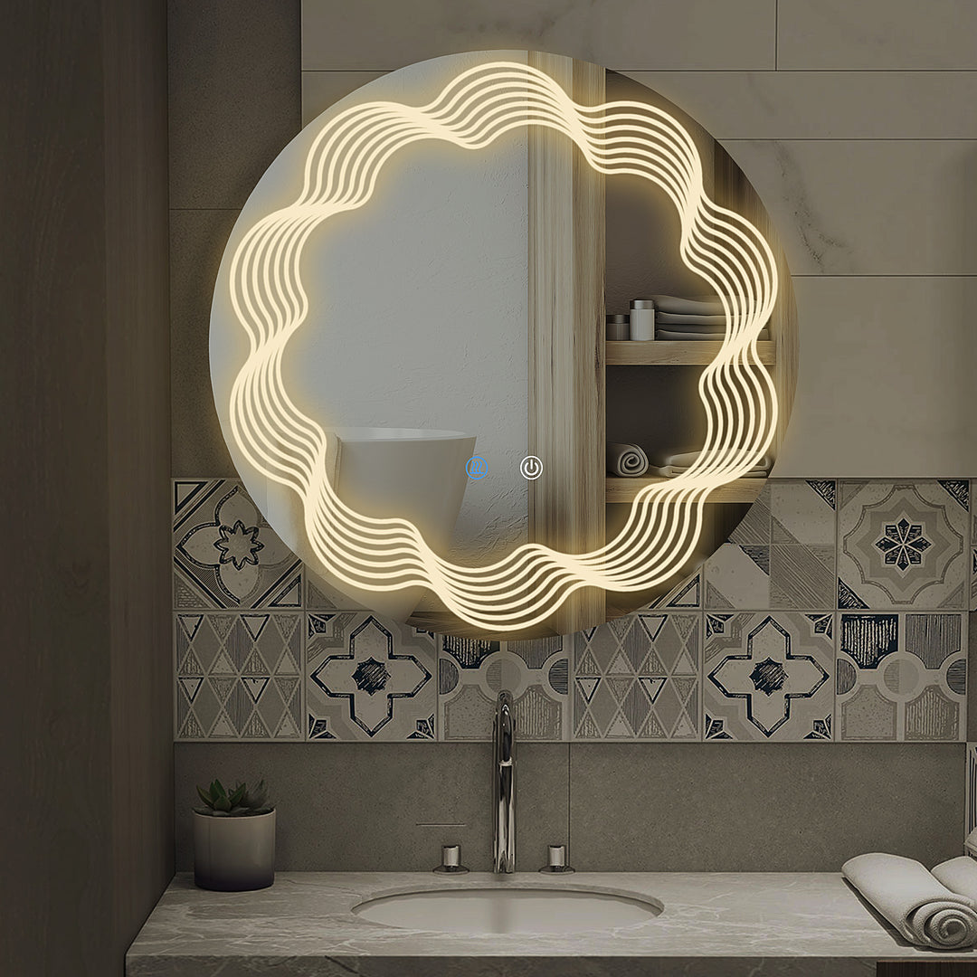 kleankin Round Illuminated Bathroom Mirrors w/ LED Dimming Lighted , Wall Mounted Vanity Mirror w/ 3 Colour, Smart Touch, Anti-Fog, 60cm