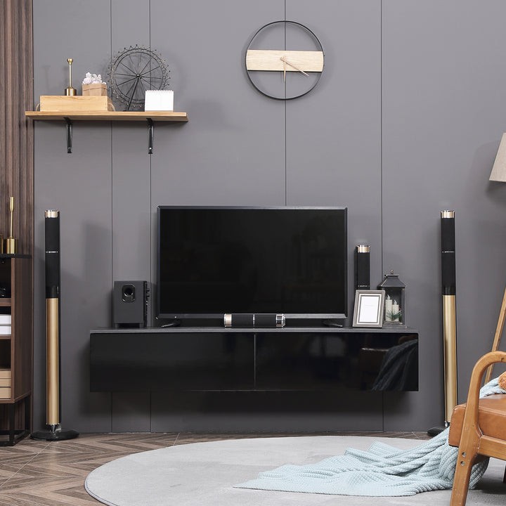 Floating TV Unit Stand for TVs up to 70" with High Gloss Effect, Wall Mounted Media Console with Storage Cupboards, Grey and Black