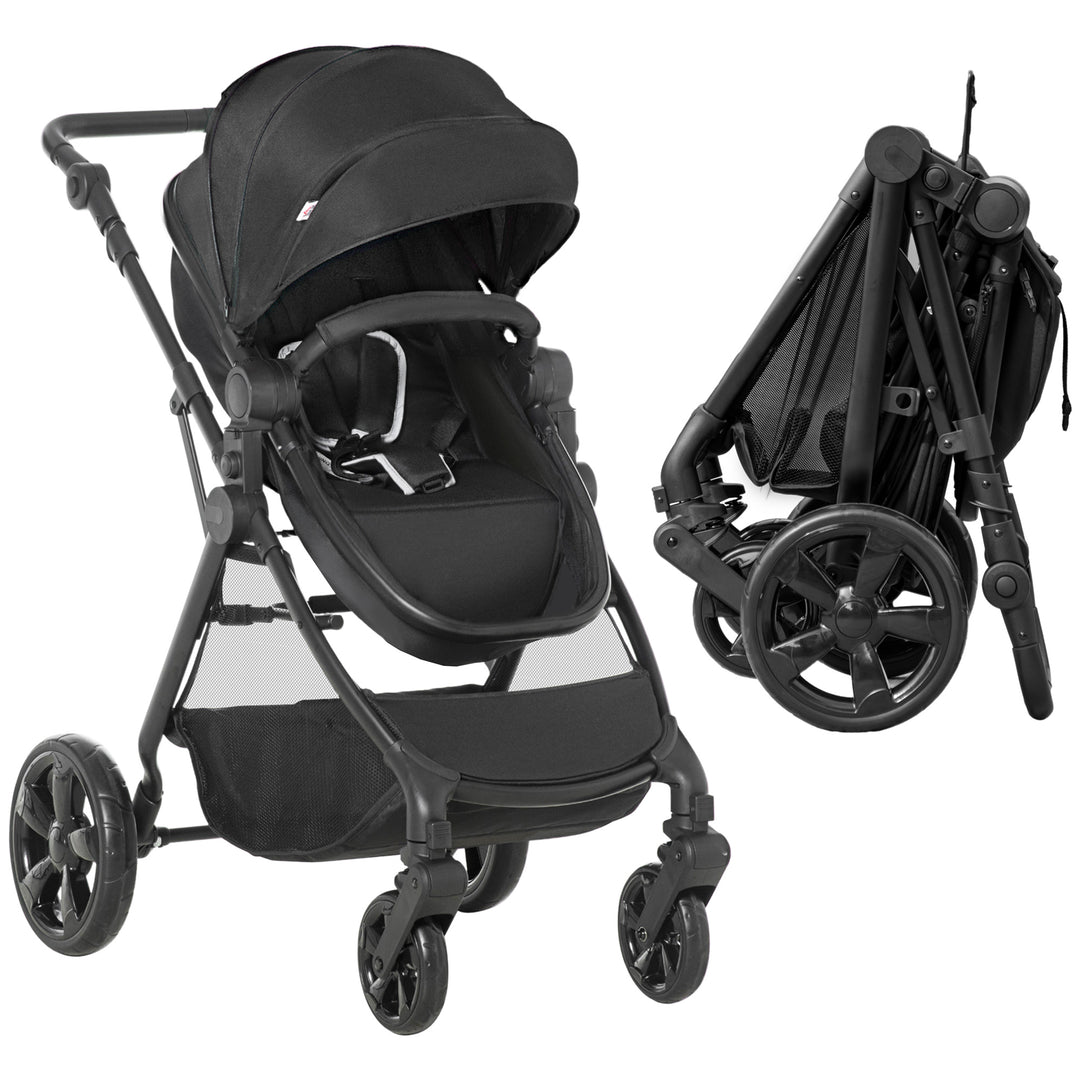 HOMCOM 2 in 1 Lightweight Pushchair w/ Reversible Seat, Foldable Travel Baby Stroller w/ Fully Reclining From Birth to 3 Years, 5-point Harness Black