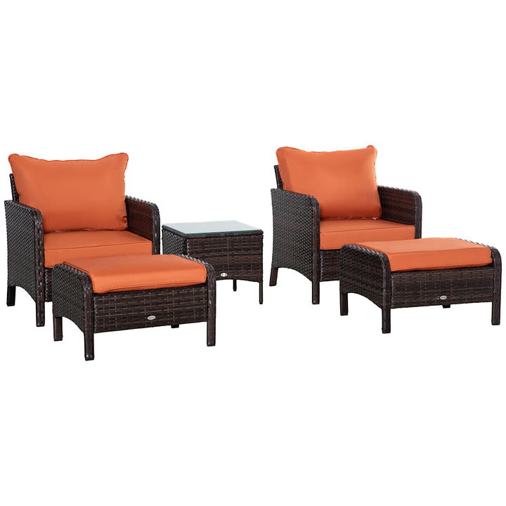 5 Pcs PE Rattan Garden Furniture Set, 2 Armchairs 2 Stools Glass Top Table Cushions Wicker Weave Chairs Outdoor Seating, Brown