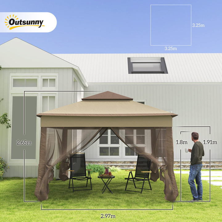 3 X 3(m) Meters Metal Gazebo Party Canopy Garden Pop Up Tent Outdoor Sun Shelter w/ Net Curtain Zipper Door - Khaki