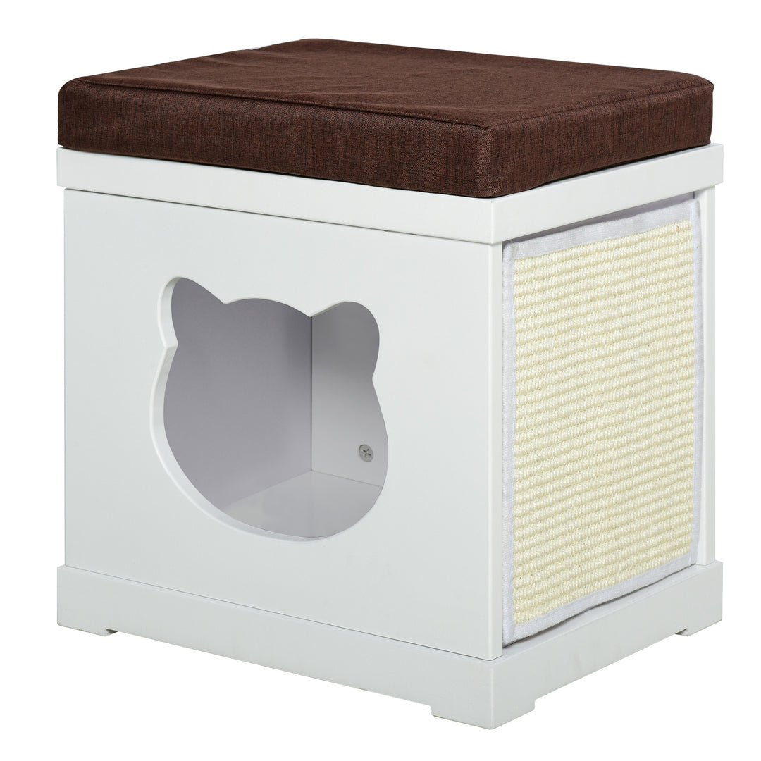 Wooden Cat House Bed Cat Scratching Cube for Small Cat Pet Furniture with Removable Scratching Pad and Soft Cushion White