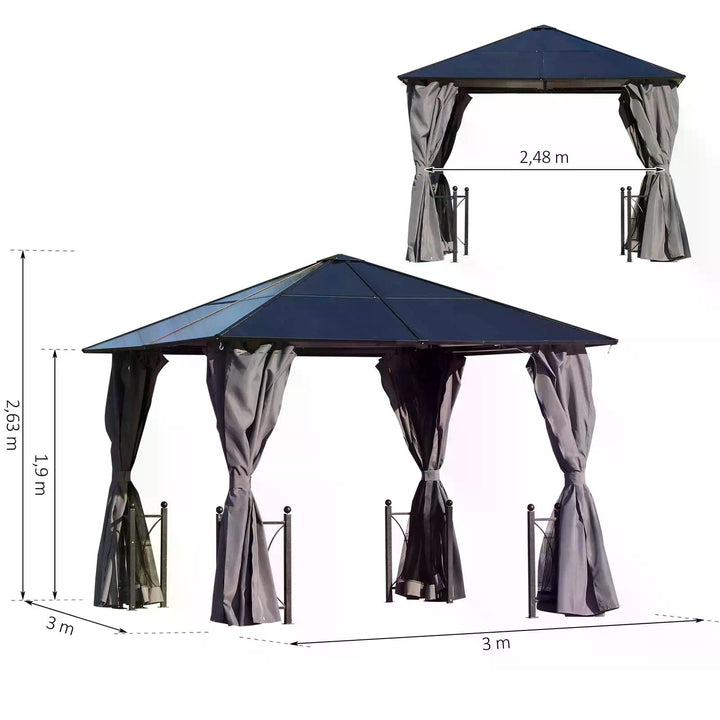 3 x 3(m) Hardtop Gazebo Canopy with Polycarbonate Roof, Steel & Aluminium Frame, Garden Pavilion with Mosquito Netting and Curtains, Black