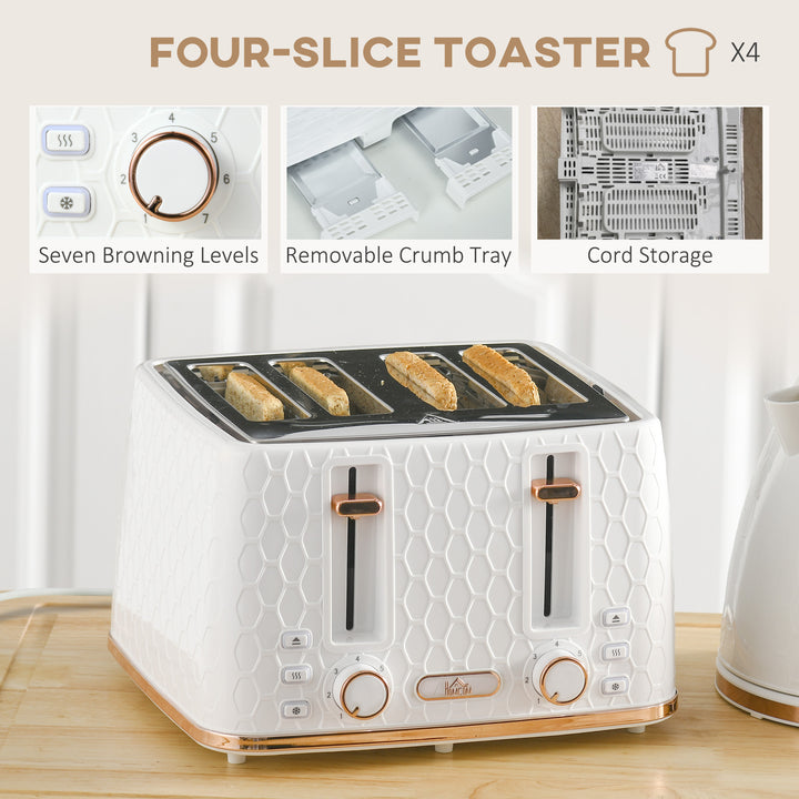 Fast Boil Kettle & 4 Slice Toaster Set, Kettle and Toaster with 7 Browning Controls, Crumb Tray, 1.7L 3000W - White