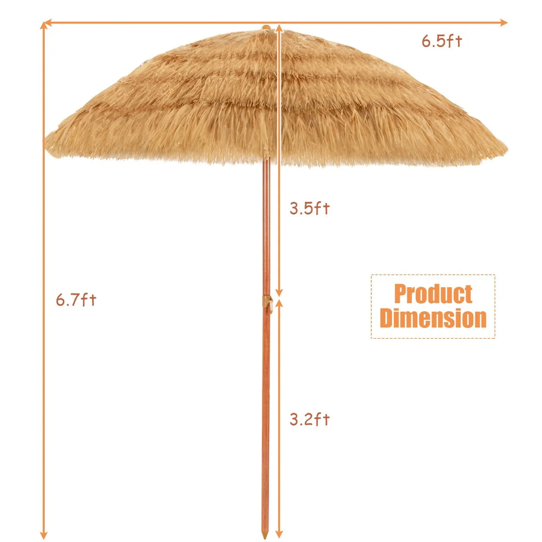 Portable Thatched Beach Umbrella with Adjustable Tilt