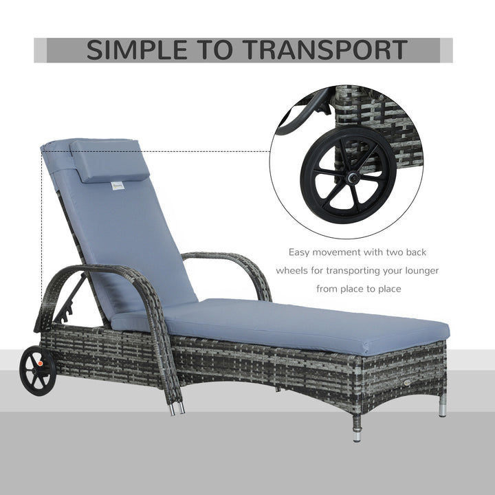 Outsunny Garden Rattan Furniture Single Sun Lounger Recliner Bed Reclining Chair Patio Outdoor Wicker Weave Adjustable Headrest - Grey