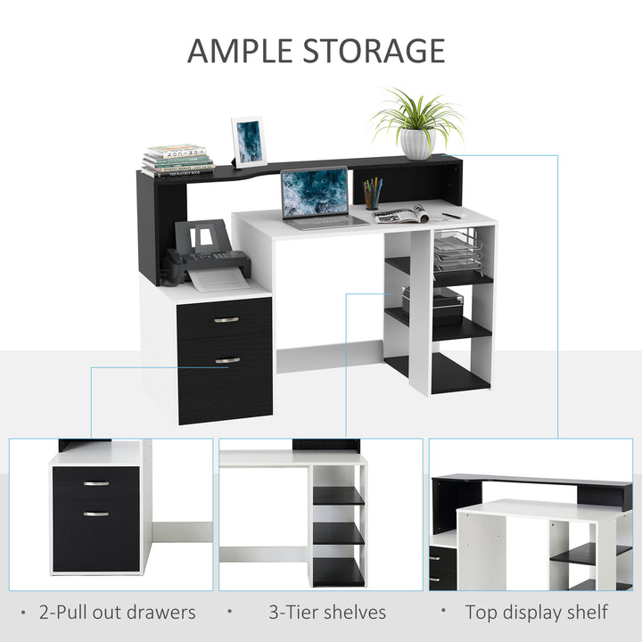 Computer Desk PC Table Modern Home Office Writing Workstation Furniture Printer Shelf Rack w/ Storage Drawer & Shelves (Black and white)