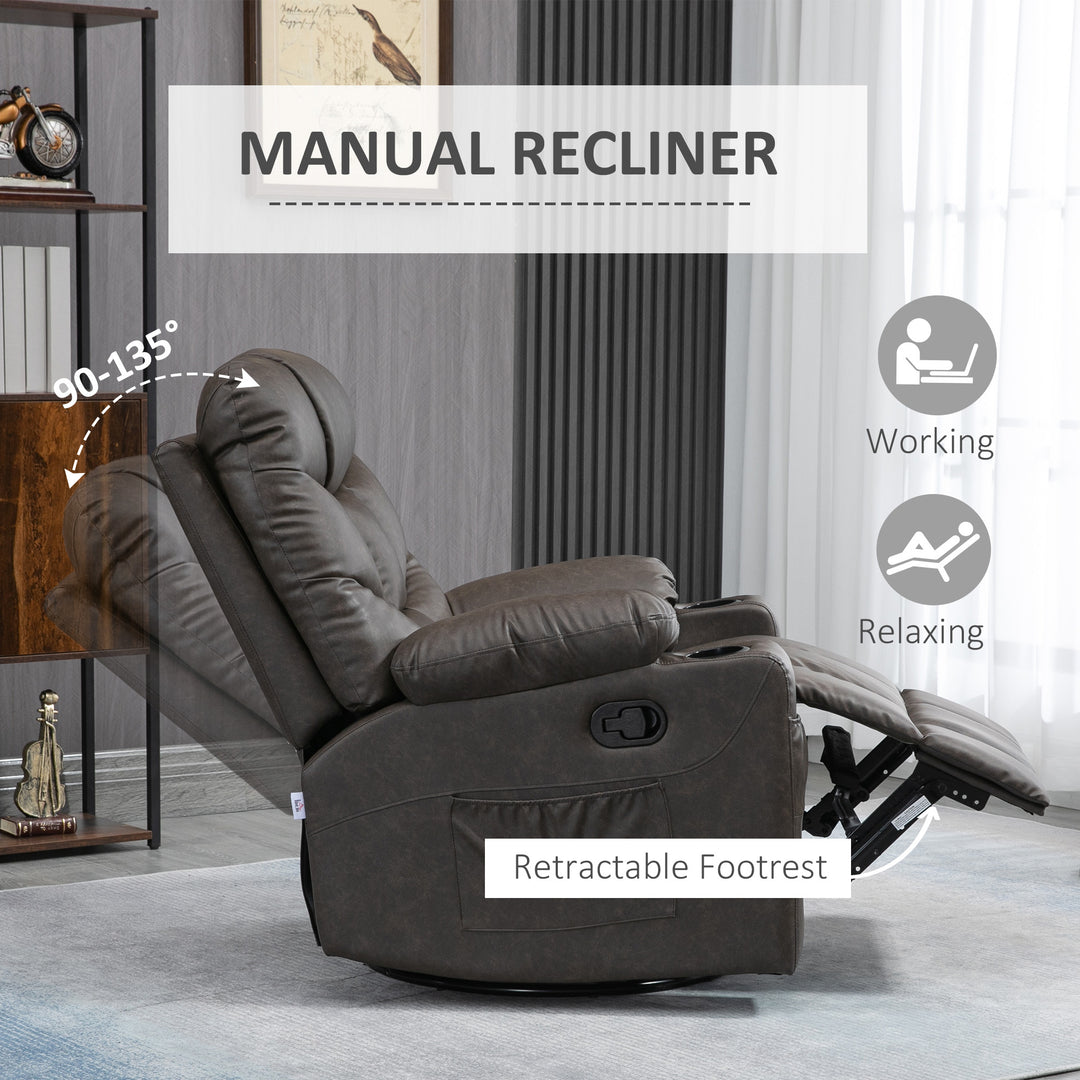 Manual Reclining Chair, Recliner Armchair with Faux Leather, Footrest, Cup Holders, 86x93x102cm, Brown