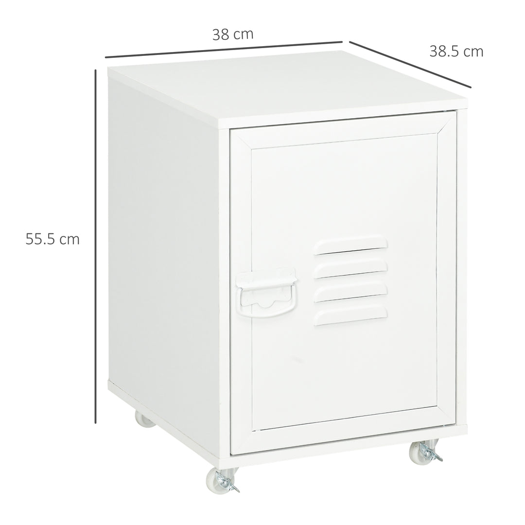 Industrial Style Printer Table, Rolling End Side Table with Wheels &amp; Metal Door - White