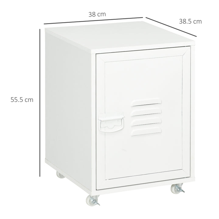 Industrial Style Printer Table, Rolling End Side Table with Wheels &amp; Metal Door - White