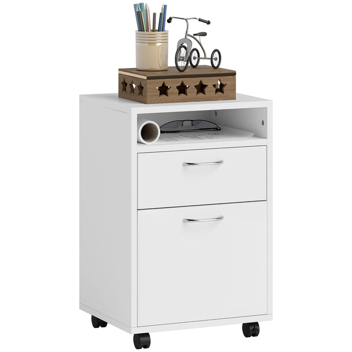 HOMCOM 60cm Storage Cabinet w/ Drawer Open Shelf Metal Handles 4 Wheels Office Home Organiser Mobile Printer White