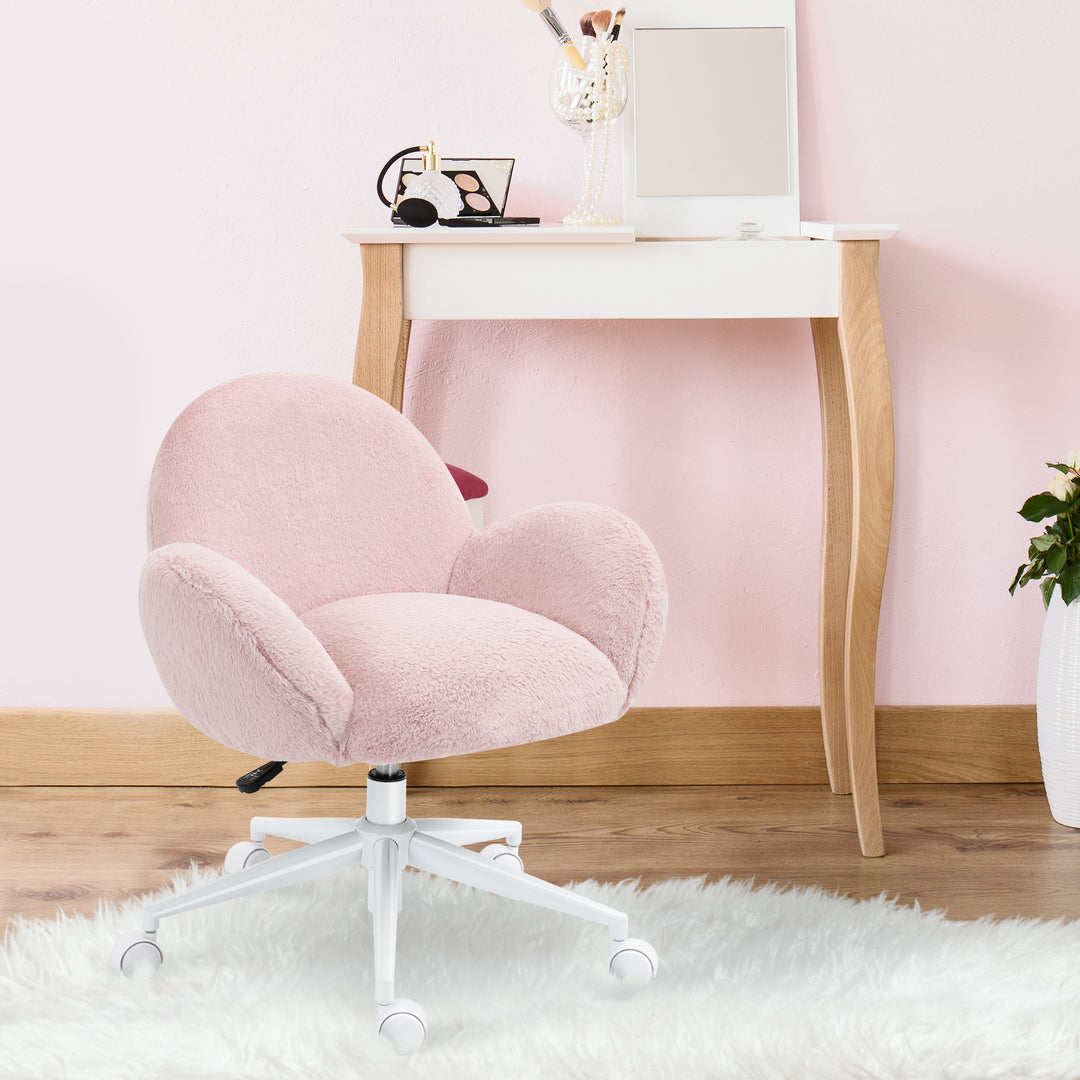 Fluffy Leisure Chair Office Chair with Backrest and Armrest for Home Bedroom Living Room with Wheels Pink