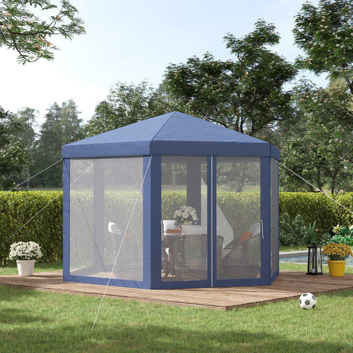 Outsunny 4M Netting Gazebo Hexagon Tent Patio Canopy Outdoor Shelter Party Activities Shade Resistant (Blue)