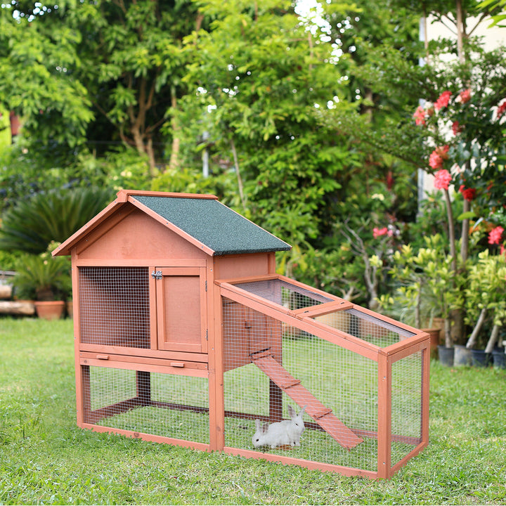 PawHut 2 Tier Rabbit Cage, Solid Wood Bunny House, Water Resistant Asphalt Roof Ramp Sliding tray 144 x 64.5 x 100 cm Red/Brown