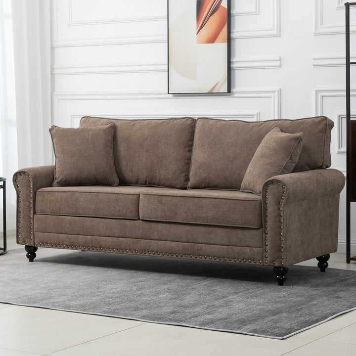 2 Seater Sofas for Living Room, Fabric Sofa with Nailhead Trim, Loveseat with Cushions and Throw Pillows, Brown