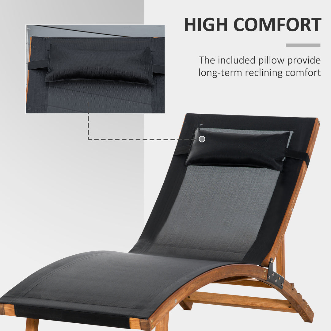 Ergonomic Patio Lounge Chair Wooden Outdoor Chaise w/ 3 Adjustable Back and Removable Headrest Pillow for Garden Black