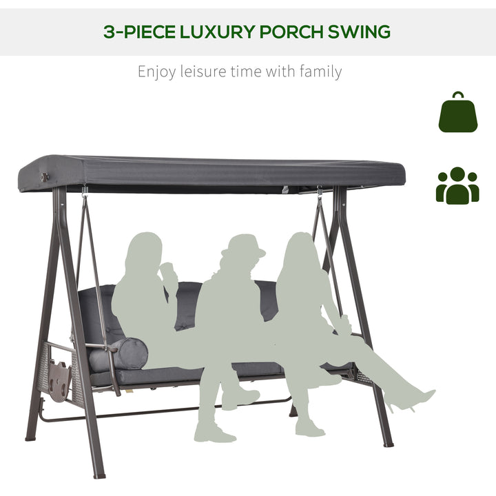 Outsunny 3 Seater Garden Swing Chair Outdoor Hammock Bench w/ Adjustable Canopy, Cushions and Cup Trays, Steel Frame, Dark Grey