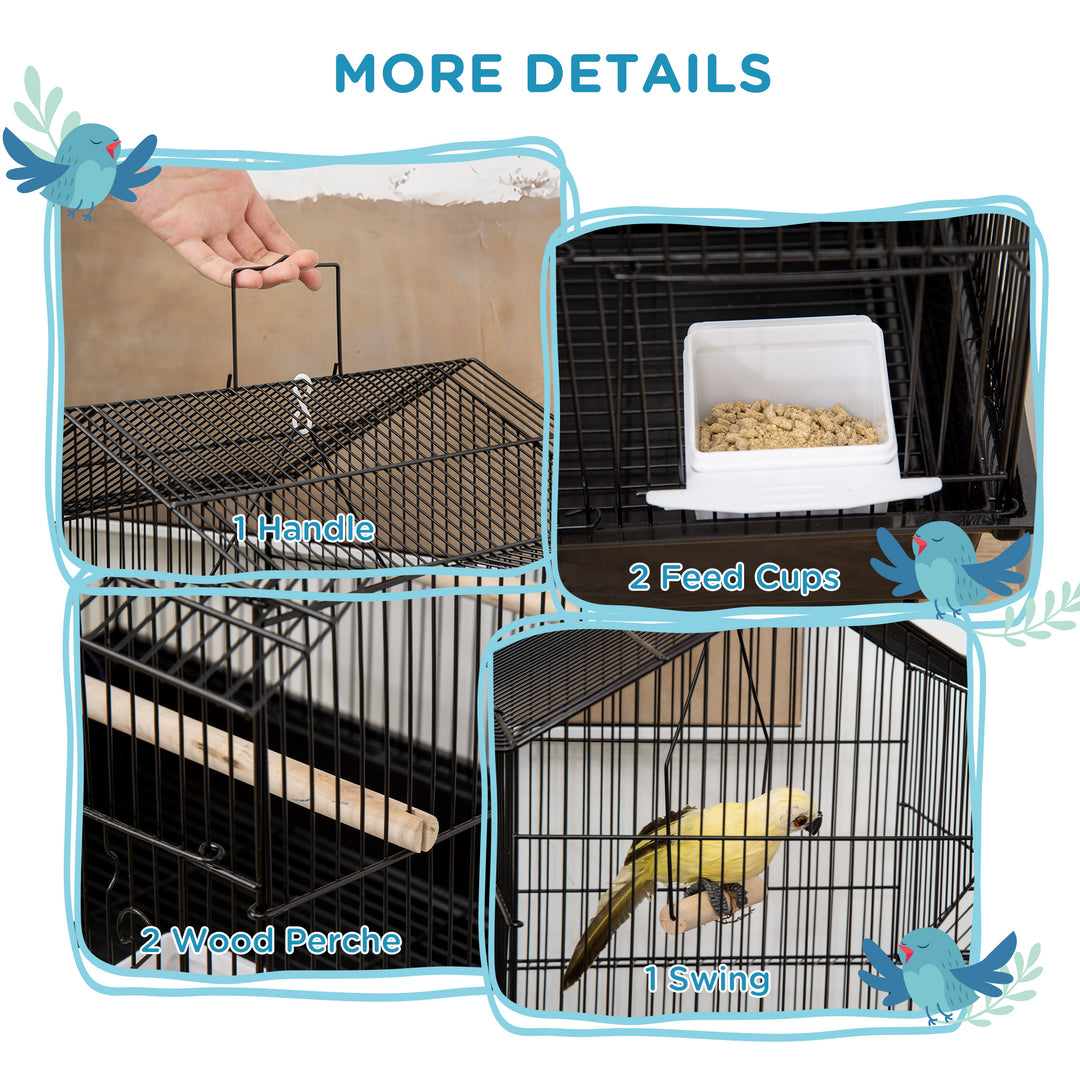 Metal Bird Cage with Plastic Swing Perch Food Container Tray Handle for Finch Canary Budgie 50.5 x 40 x 63cm Black