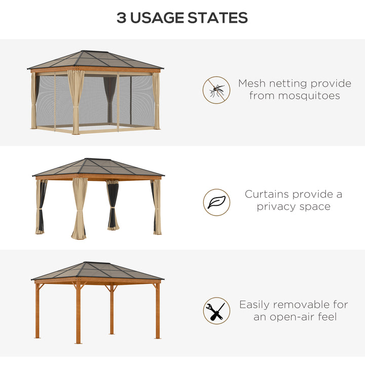 3 x 3.6 m Hardtop Gazebo Canopy with Polycarbonate Roof, Aluminium and Steel Frame, Nettings and Sidewalls for Garden, Patio, Khaki