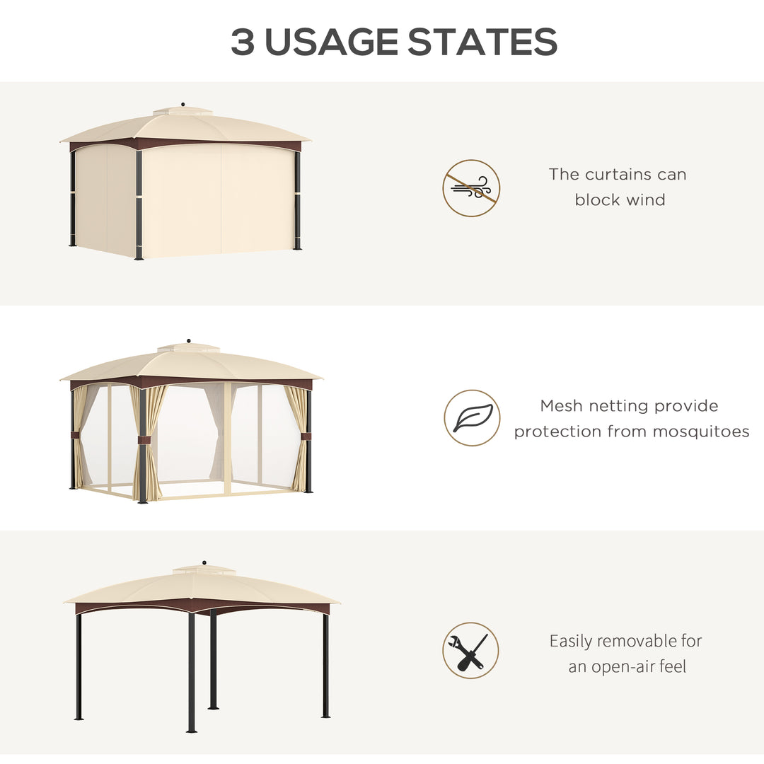 Outsunny 4 x 3(m) Patio Gazebo, Garden Canopy Shelter with Double Tier Roof, Removable Netting and Curtains for Lawn, Poolside, Khaki