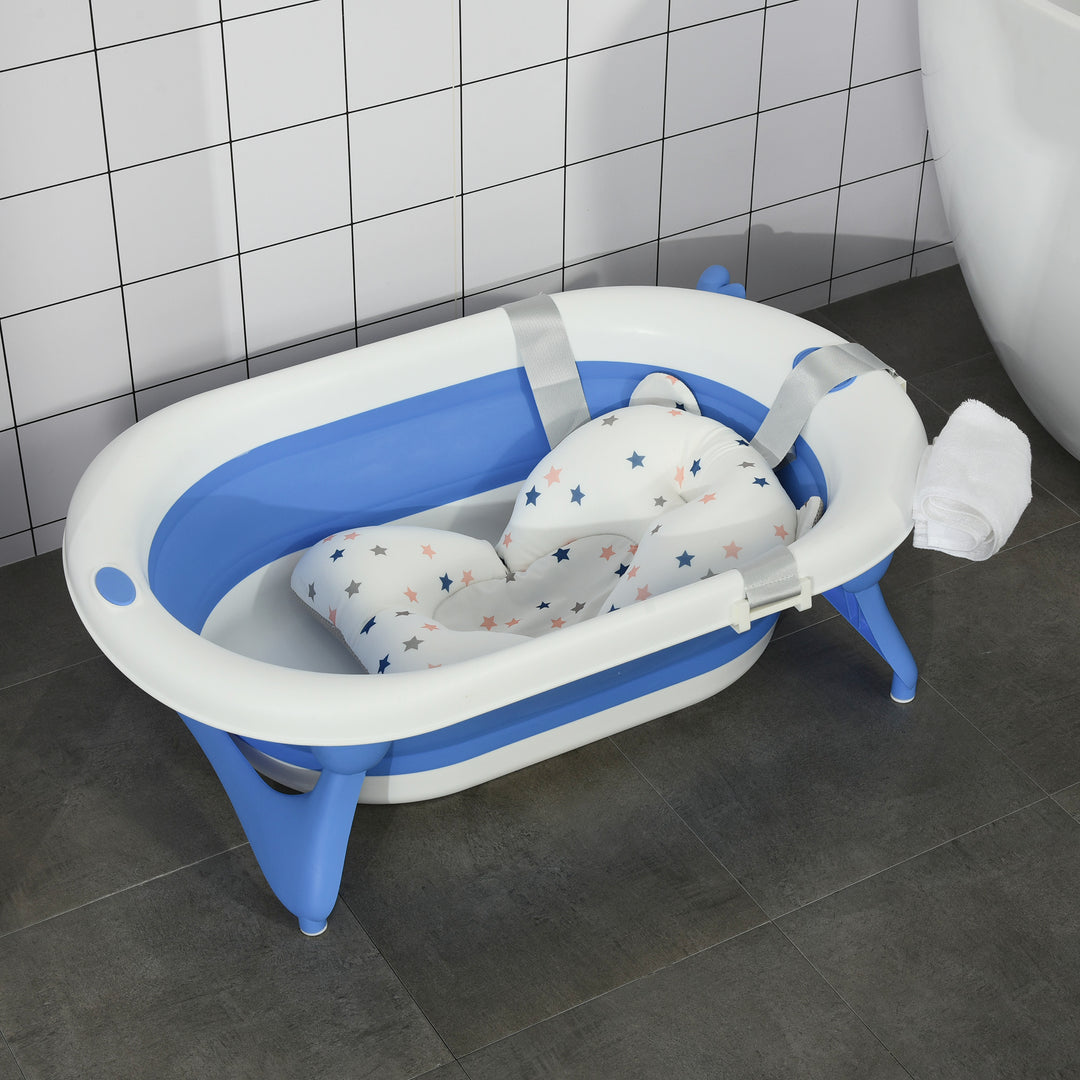 Collapsible Baby Bath Tub Foldable Ergonomic w/ Cushion Temperature Sensitive Water Plug Non-Slip Support Leg Portable for 0-3 Years, Blue