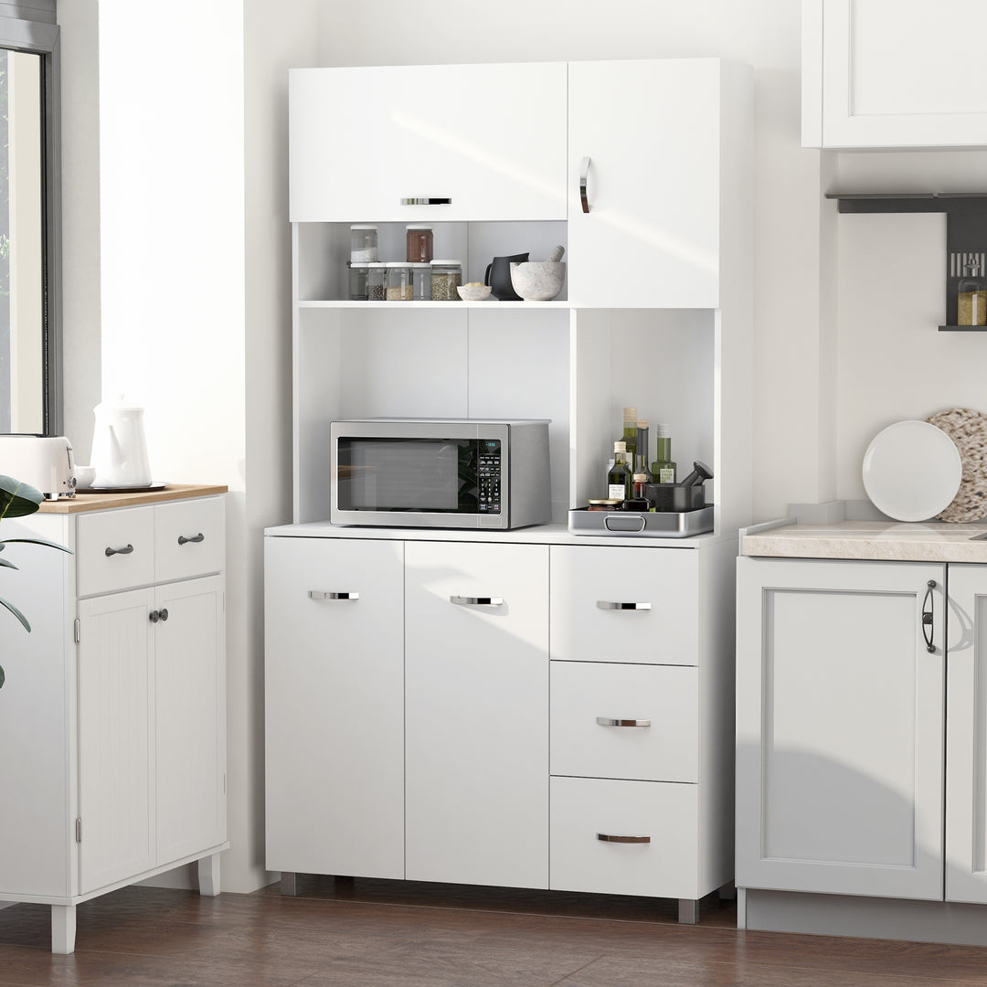 Freestanding Kitchen Storage Unit w/ Cupboard Cabinets Open Compartments Drawers Metal Handles Side Shelf Server Organisation Furniture White