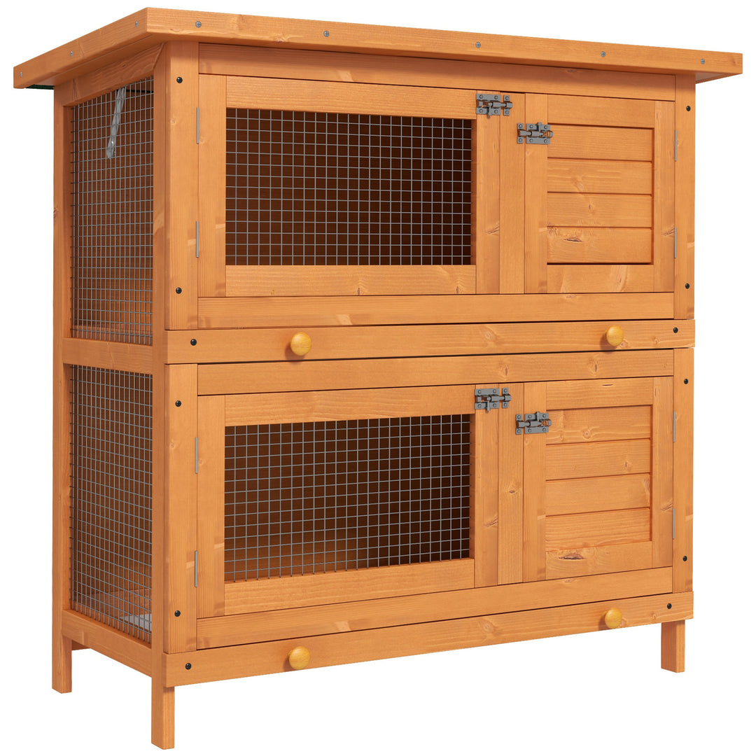 Pawhut Wooden Rabbit Hutch 2 Tiers Bunny House Rabbit Cage w/ Slide-Out Tray and Hinged Opening Roof Small Animal House for Indoor