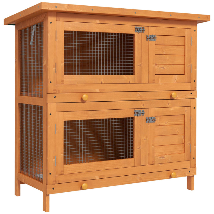 Pawhut Wooden Rabbit Hutch 2 Tiers Bunny House Rabbit Cage w/ Slide-Out Tray and Hinged Opening Roof Small Animal House for Indoor