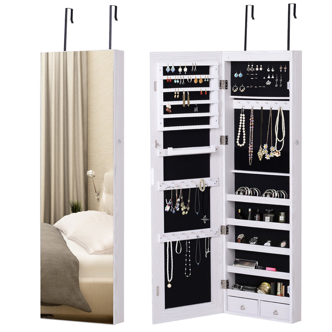 Mirrored Jewellery Storage Cabinet Door Mounted/Wall mounted Organiser Hanging Lockable w/ 6 Inner LED Lights White