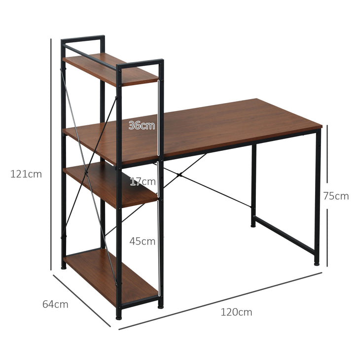 Computer Desk PC Table  Study Workstation Home Office with 4-tier Bookshelf Storage Metal Frame Wooden Top (Walnut & Black)