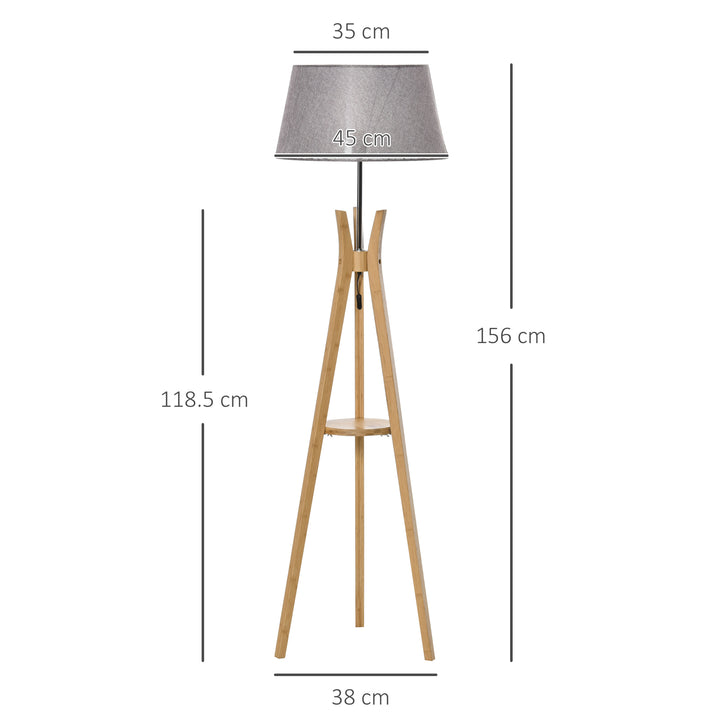 Natural Wood Tripod Floor Lamp Light E27 Base Bedroom Living Room Fabric Shade Storage Shelf Foot Switch, 156cm, Grey