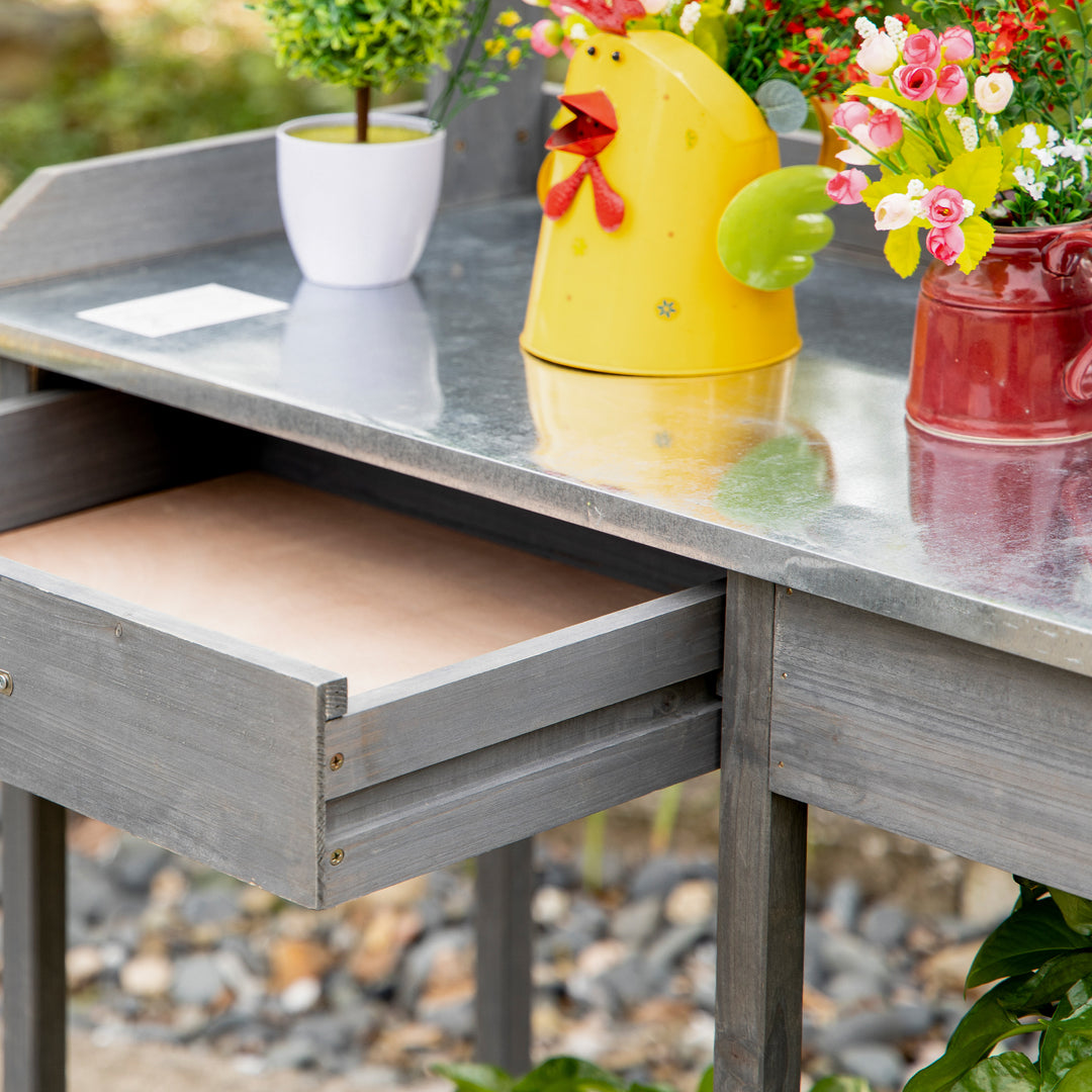 Outsunny Garden Potting Table, Wooden Workstation Bench w/ Galvanized Metal Tabletop, Drawer, Storage Shelves and Hooks for Courtyards, Balcony