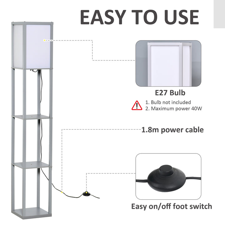 4-Tier Grey Floor Lamp with Shelf, Floor Light with Storage Shelf, Reading Standing Lamp