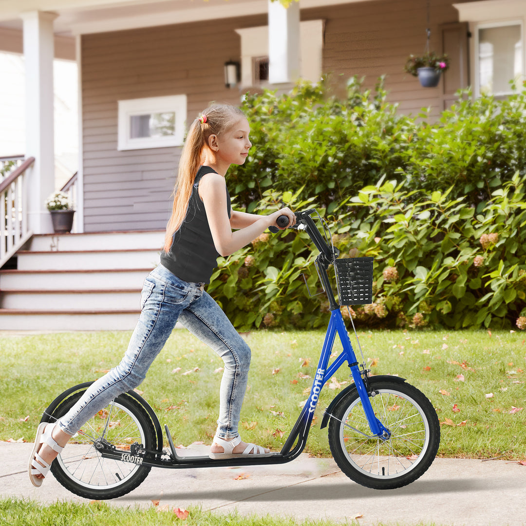 Kids Kick Scooter Teen Ride On Children Scooter with Adjustable Handlebar 2 Brakes Basket Cupholder Mudguard 16" Inflatable Rubber Tyres Blue