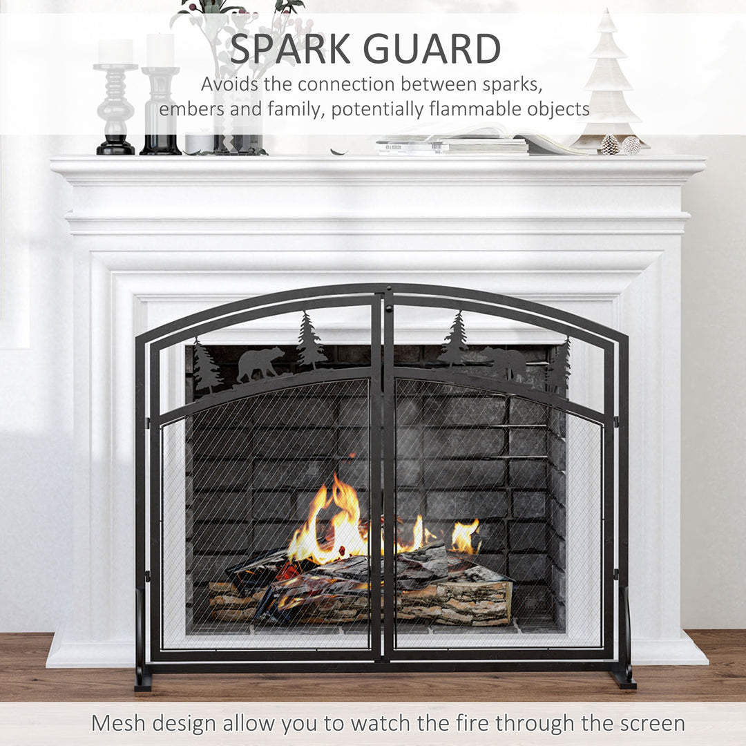 Fire Guard with Double Doors, Metal Mesh Fireplace Screen, Spark Flame Barrier with Tree Decoration for Living Room, Bedroom Decor