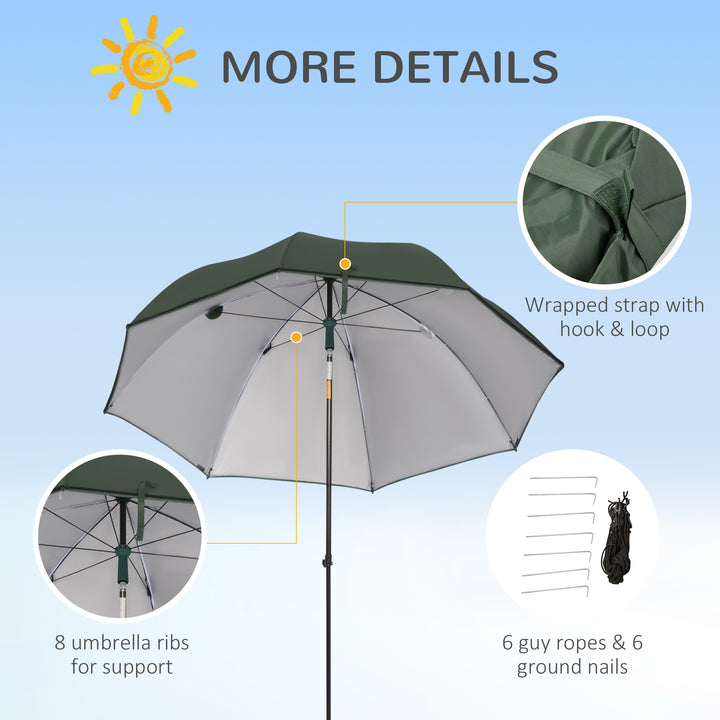 Outsunny 2m Beach Parasol Fishing Umbrella Brolly with Sides and Push Botton Tilt Sun Shade Shelter with Carry Bag, UV30+, Green