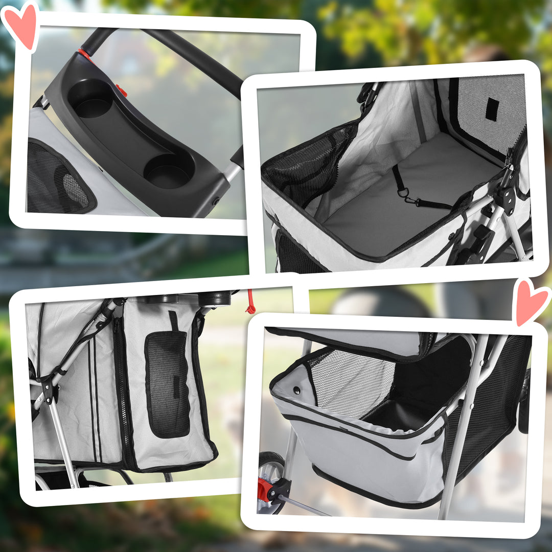 PawHut Dog Pram Pet Stroller Dog Pushchair Foldable Travel Carriage with Wheels Zipper Entry Cup Holder Storage Basket Grey