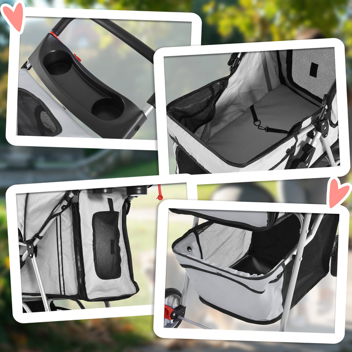 PawHut Dog Pram Pet Stroller Dog Pushchair Foldable Travel Carriage with Wheels Zipper Entry Cup Holder Storage Basket Grey