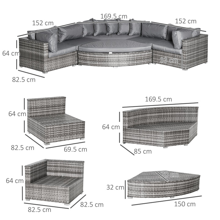 Outsunny 6-Seater Outdoor Rattan Wicker Sofa Set Half Round Patio Conversation Furniture Set w/ Cushions Grey