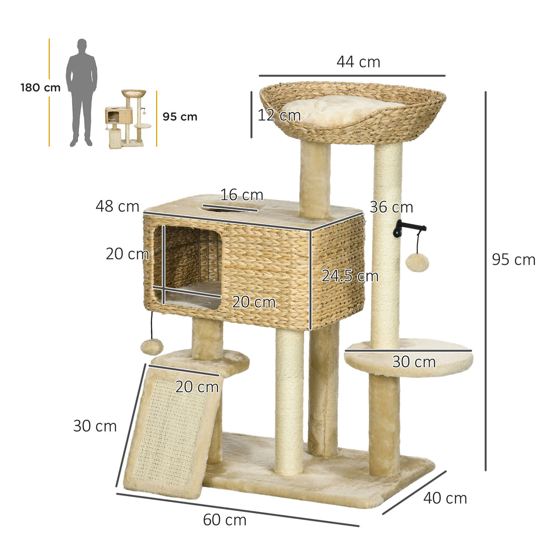 95cm Cat Tree Tower for Indoor Cats, with Scratching Post, Cat House, Toy Ball, Platform - Beige