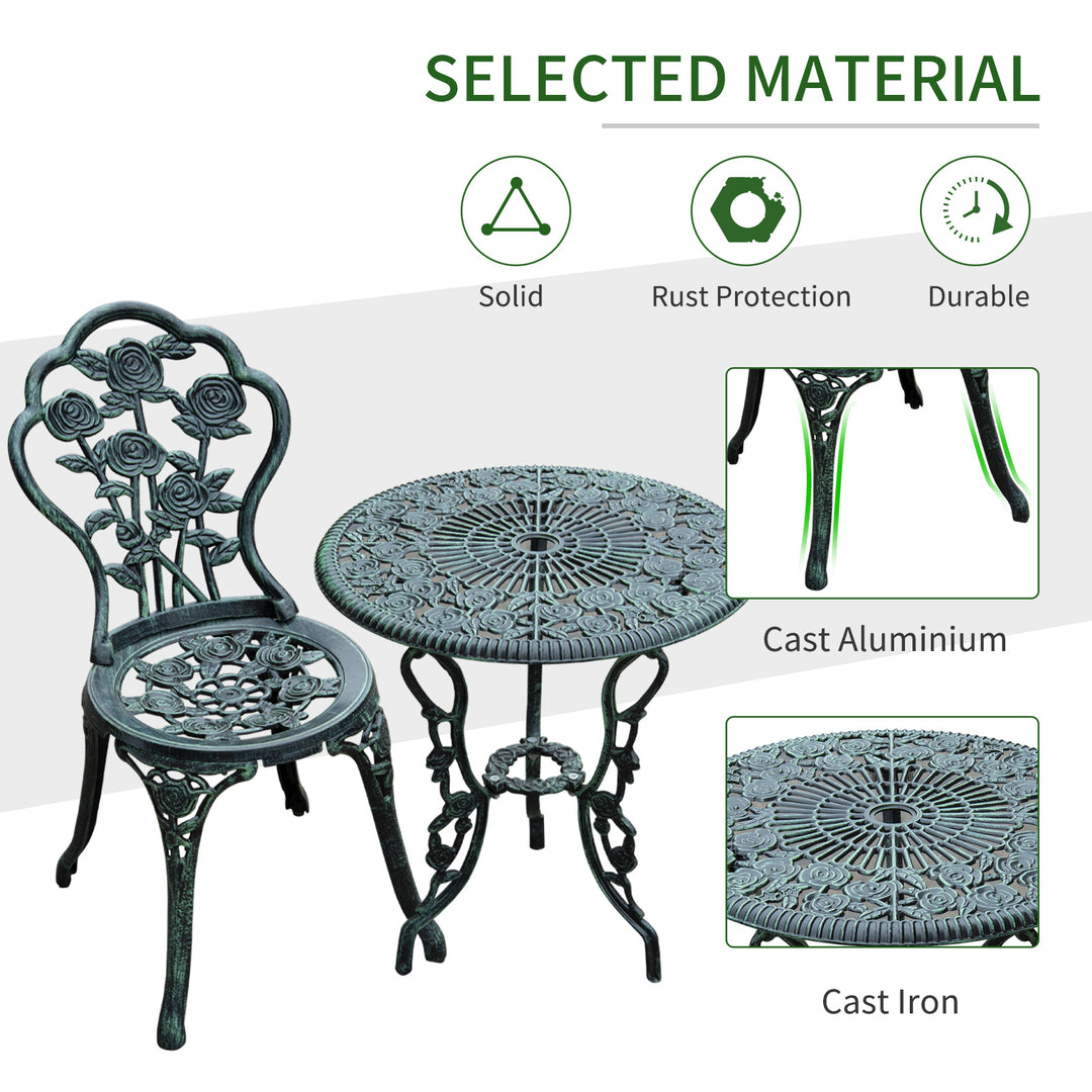 Outsunny Cast Aluminium Outdoor Patio Garden Bistro Elegant Design Table Chair Set - Green (3-Piece)