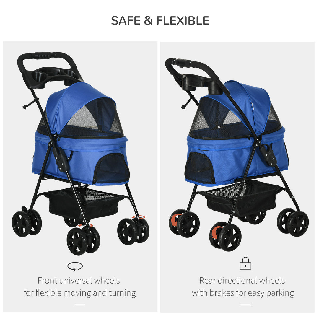 PawHut No-Zip Pet Stroller Dog Cat Travel Pushchair One-Click Fold Trolley Jogger with EVA Wheels Brake Basket Adjustable Canopy Safety Leash Blue