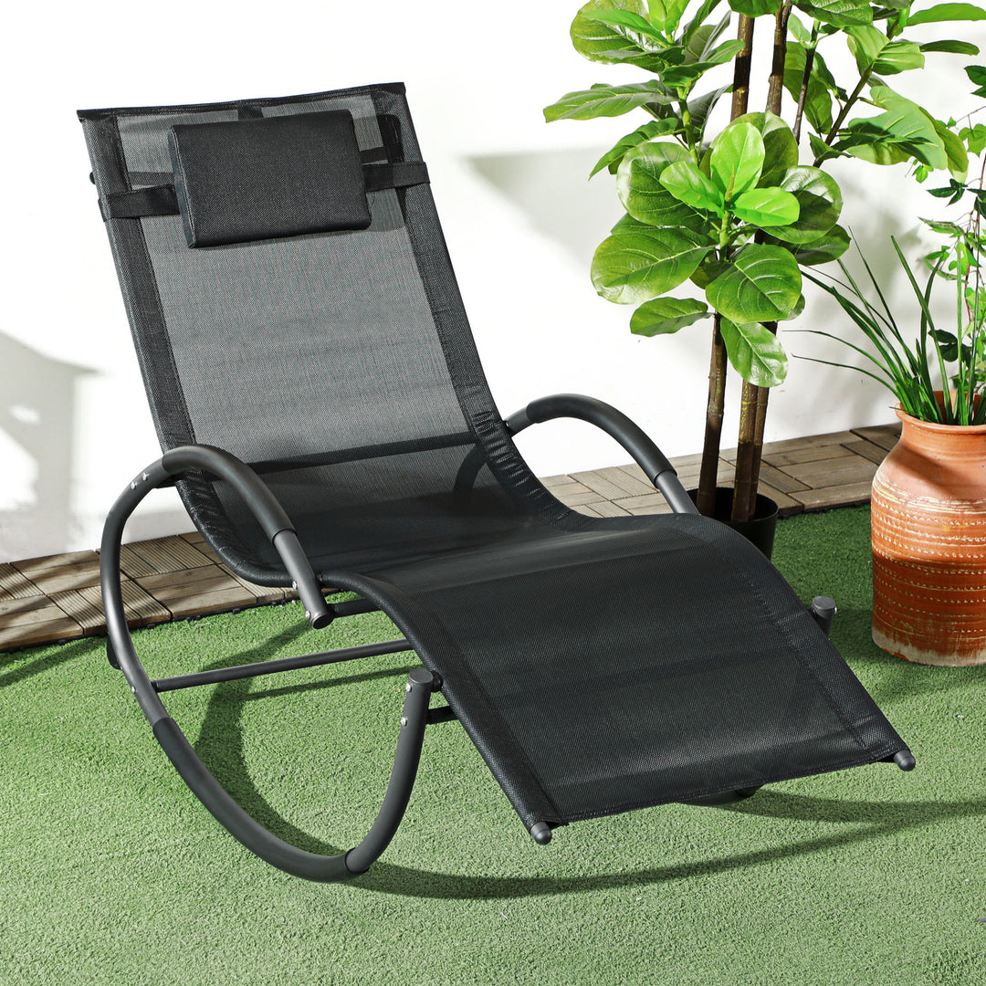 Outsunny Garden Rocking Chair Patio Texteline Rocking Lounge Chair Zero Gravity Rocker Outdoor Patio Garden Recliner Seat w/ Padded Pillow - Black